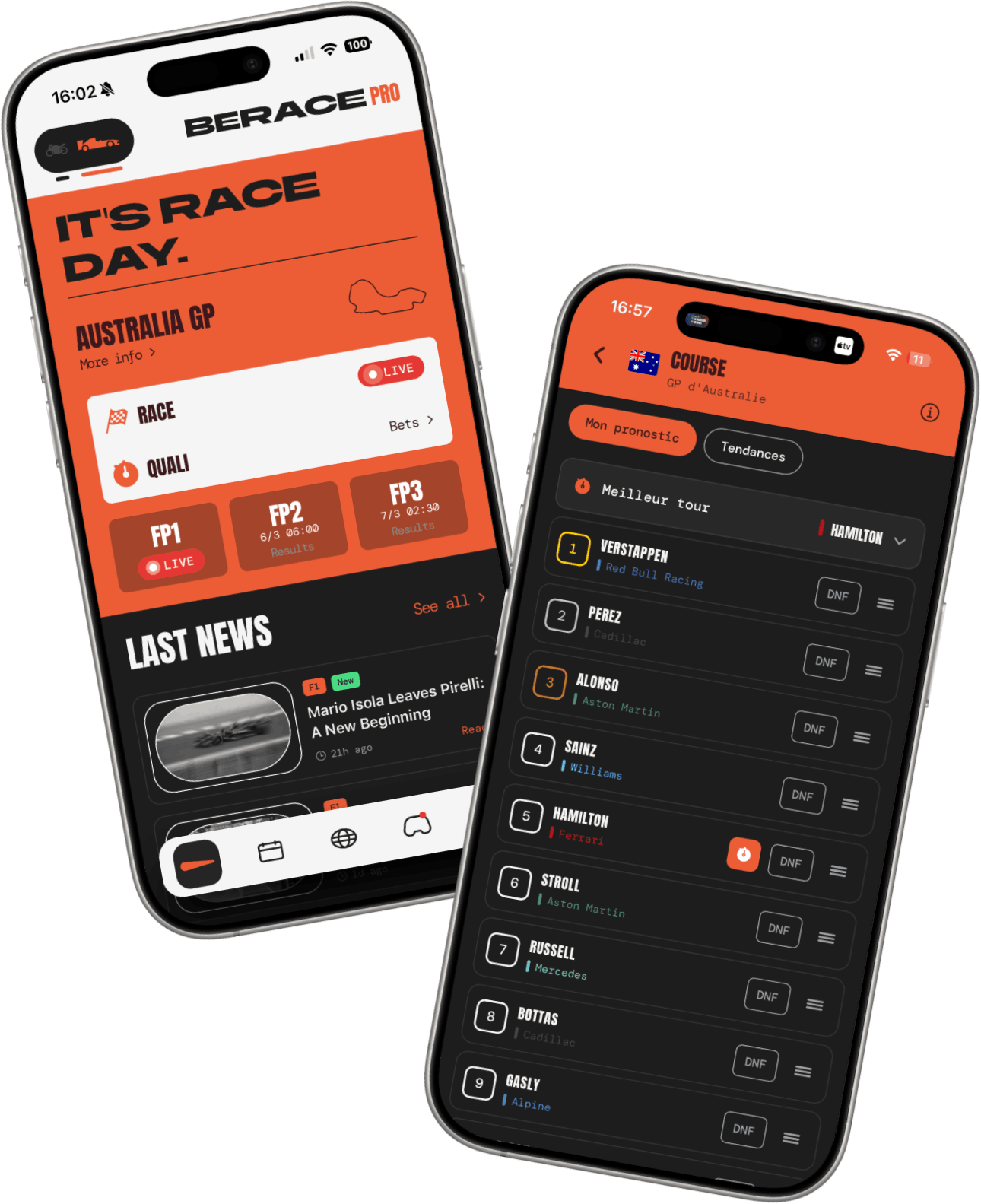 BERACE app screens showing F1 and MotoGP predictions, leaderboards and statistics